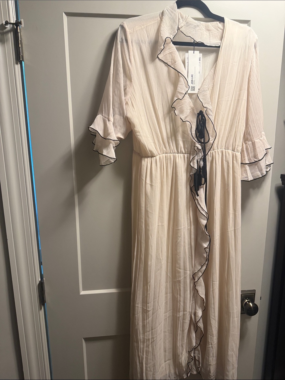 Zara Cream Maxi Dress with Black-Trim Ruffles